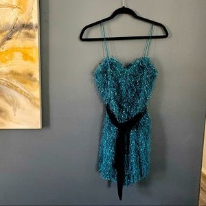 Zara holiday romper fuzzy size small green teal Vegas club